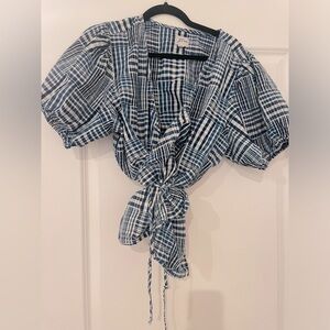 Never Worn J. Crew Size XXL Blue Plaid Tie Waist Top